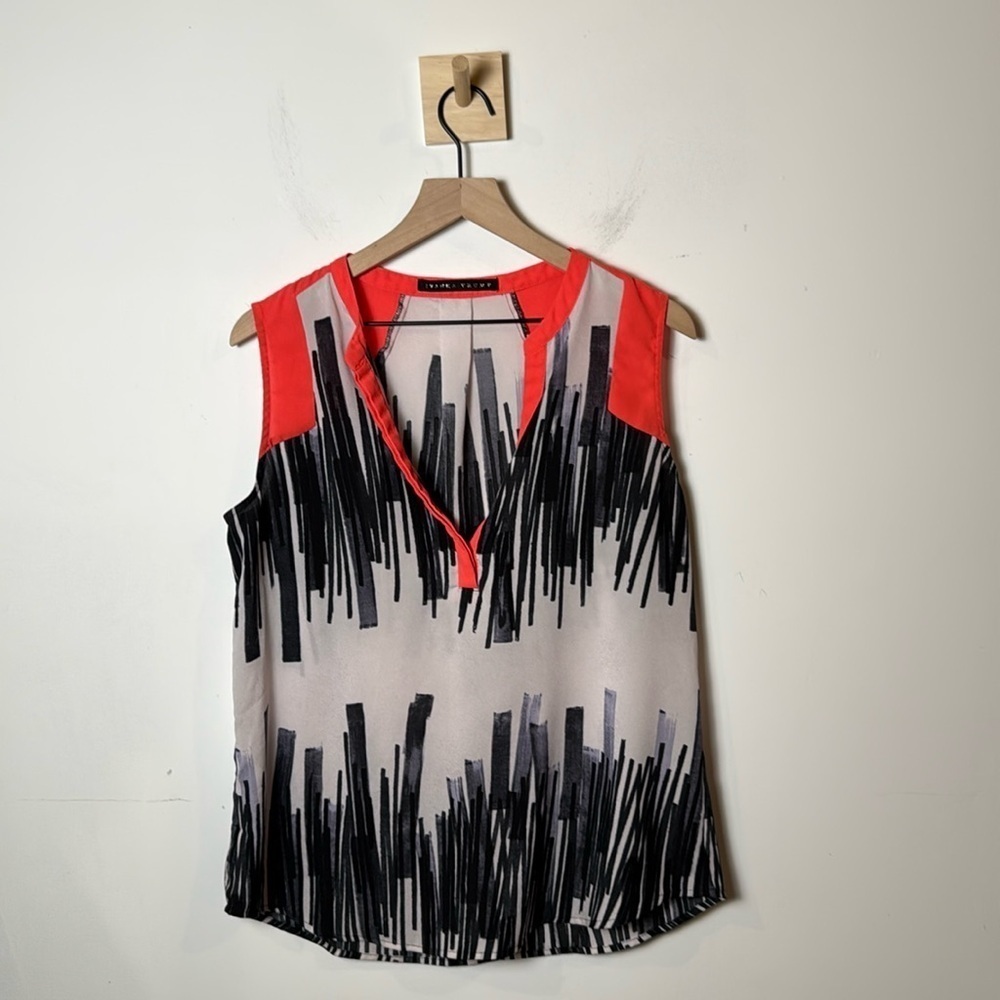 Ivanka Trump Women’s Sleeveless Sheer V-Neck Blouse Orange Black and White